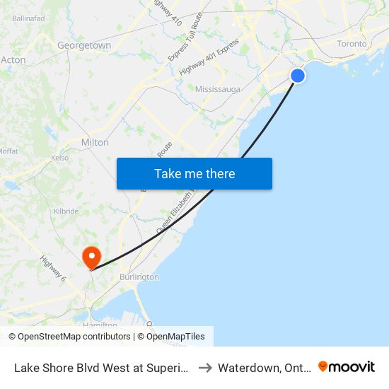 Lake Shore Blvd West at Superior Ave to Waterdown, Ontario map