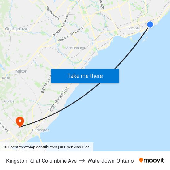 Kingston Rd at Columbine Ave to Waterdown, Ontario map