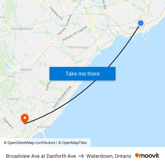 Broadview Ave at Danforth Ave to Waterdown, Ontario map