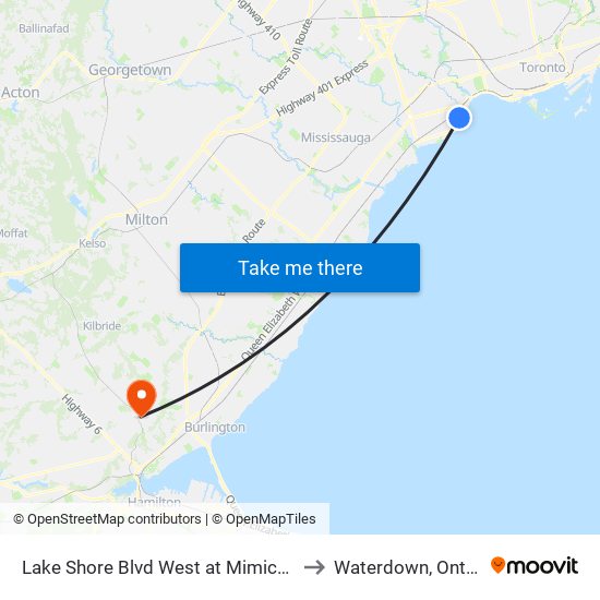 Lake Shore Blvd West at Mimico Ave to Waterdown, Ontario map