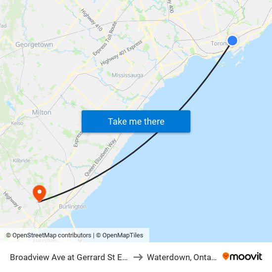 Broadview Ave at Gerrard St East to Waterdown, Ontario map