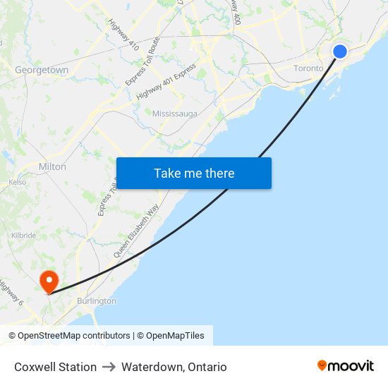 Coxwell Station to Waterdown, Ontario map