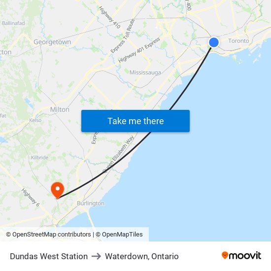 Dundas West Station to Waterdown, Ontario map