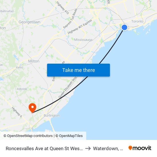 Roncesvalles Ave at Queen St West North Side to Waterdown, Ontario map