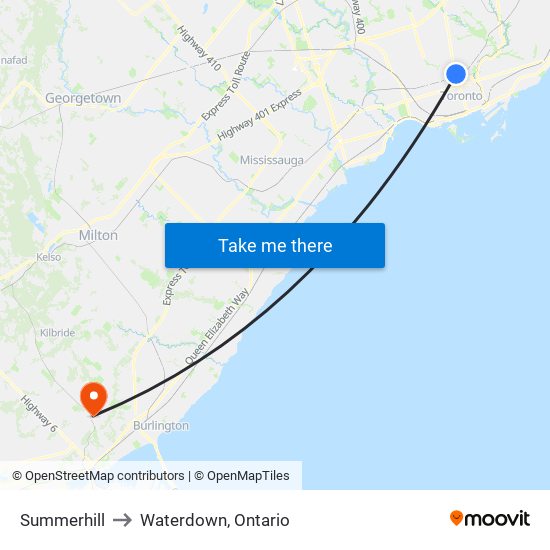 Summerhill to Waterdown, Ontario map