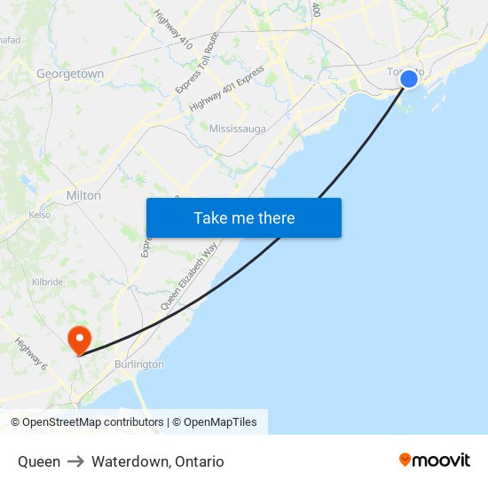 Queen to Waterdown, Ontario map