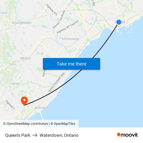 Queen's Park to Waterdown, Ontario map