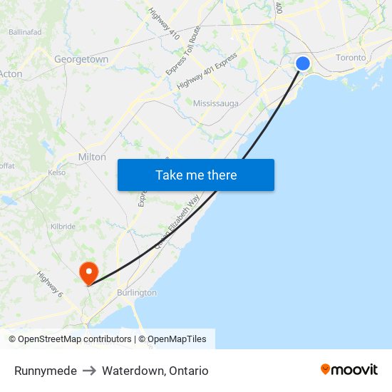Runnymede to Waterdown, Ontario map