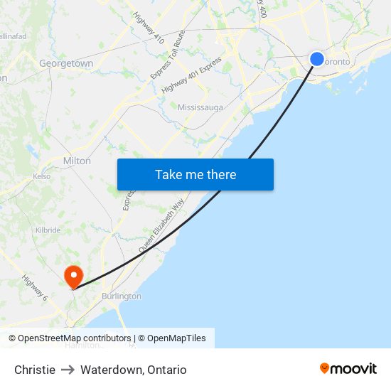 Christie to Waterdown, Ontario map