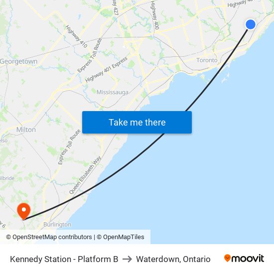 Kennedy Station - Platform B to Waterdown, Ontario map