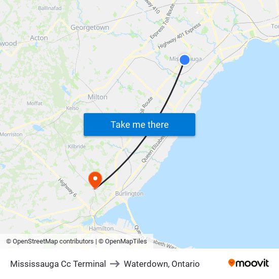 Mississauga Cc Terminal to Waterdown, Ontario map