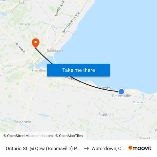 Ontario St. @ Qew (Beamsville) Park & Ride to Waterdown, Ontario map