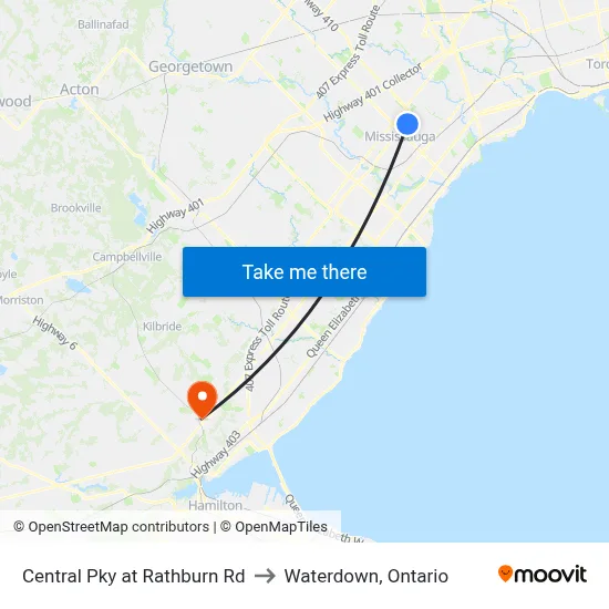 Central Pky at Rathburn Rd to Waterdown, Ontario map