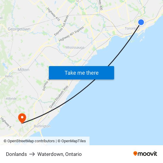 Donlands to Waterdown, Ontario map