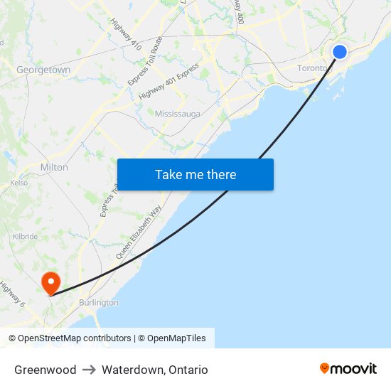 Greenwood to Waterdown, Ontario map