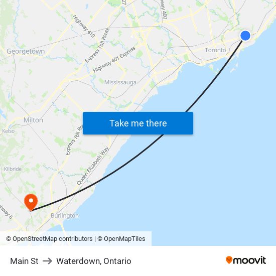 Main St to Waterdown, Ontario map