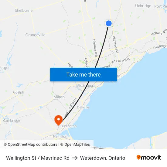 Wellington St / Mavrinac Rd to Waterdown, Ontario map