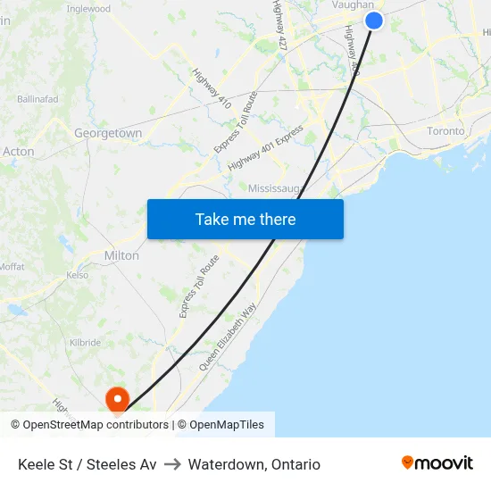 Keele St / Steeles Av to Waterdown, Ontario map