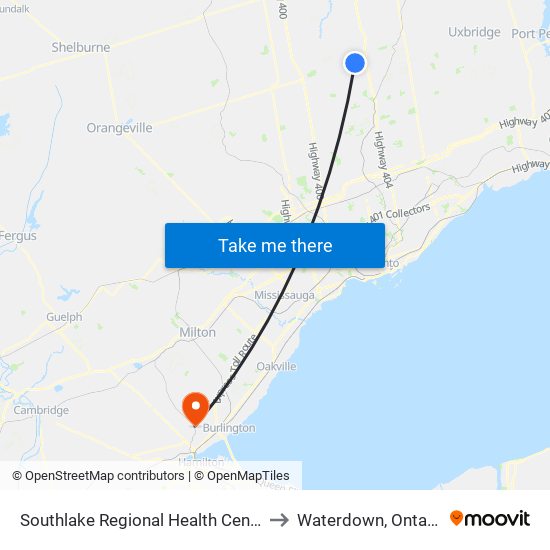 Southlake Regional Health Centre to Waterdown, Ontario map