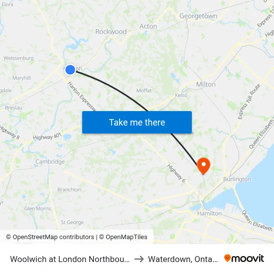 Woolwich at London Northbound to Waterdown, Ontario map