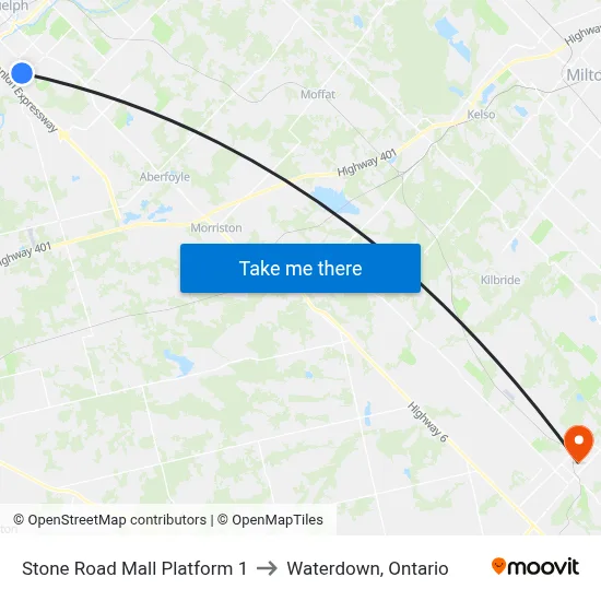 Stone Road Mall Platform 1 to Waterdown, Ontario map