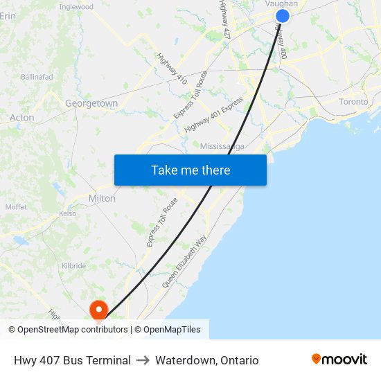 Hwy 407 Bus Terminal to Waterdown, Ontario map