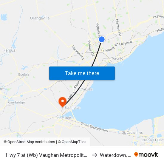 Hwy 7 at (Wb) Vaughan Metropolitan Centre Station to Waterdown, Ontario map