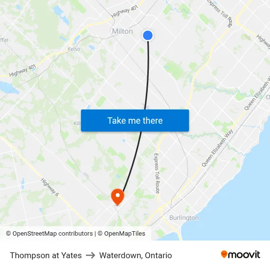 Thompson at Yates to Waterdown, Ontario map