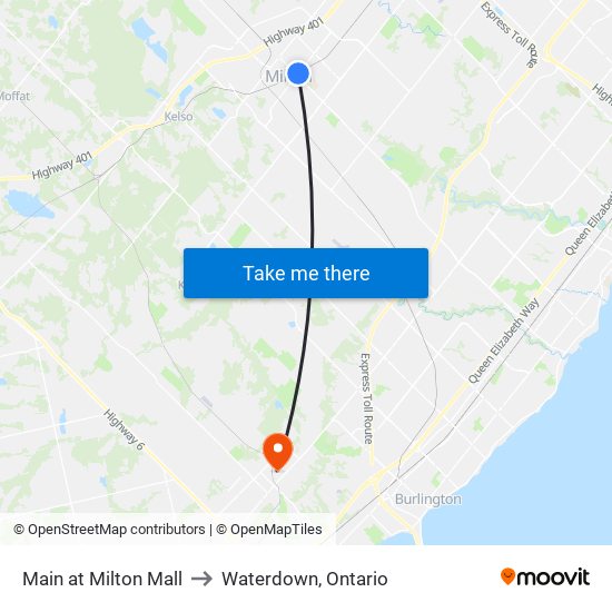 Main at Milton Mall to Waterdown, Ontario map