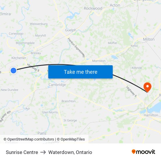 Sunrise Centre to Waterdown, Ontario map