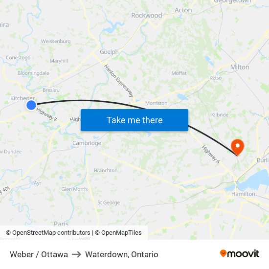 Weber / Ottawa to Waterdown, Ontario map