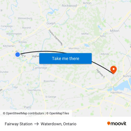 Fairway Station to Waterdown, Ontario map