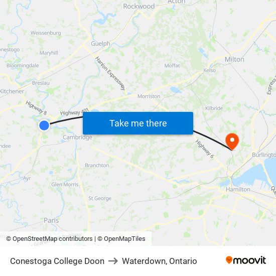 Conestoga College Doon to Waterdown, Ontario map