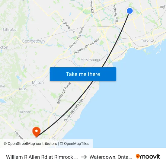 William R Allen Rd at Rimrock Rd to Waterdown, Ontario map