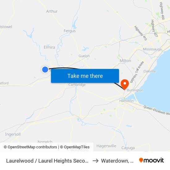 Laurelwood / Laurel Heights Secondary School to Waterdown, Ontario map