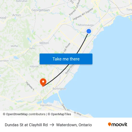 Dundas St at Clayhill Rd to Waterdown, Ontario map