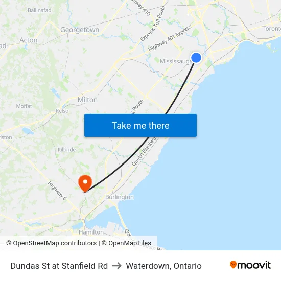 Dundas St at Stanfield Rd to Waterdown, Ontario map