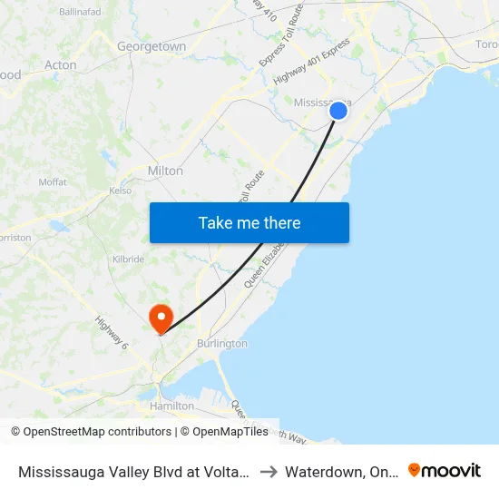 Mississauga Valley Blvd at Voltarie Cres to Waterdown, Ontario map