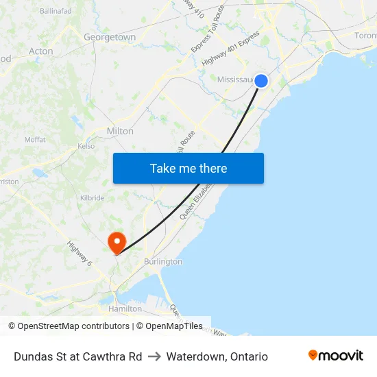 Dundas St at Cawthra Rd to Waterdown, Ontario map