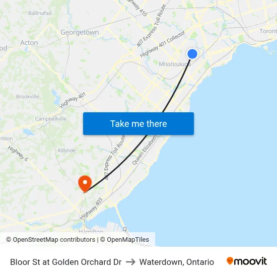 Bloor St at Golden Orchard Dr to Waterdown, Ontario map