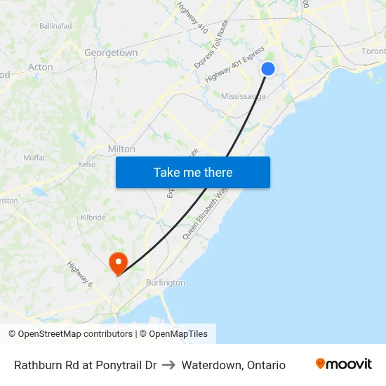 Rathburn Rd at Ponytrail Dr to Waterdown, Ontario map