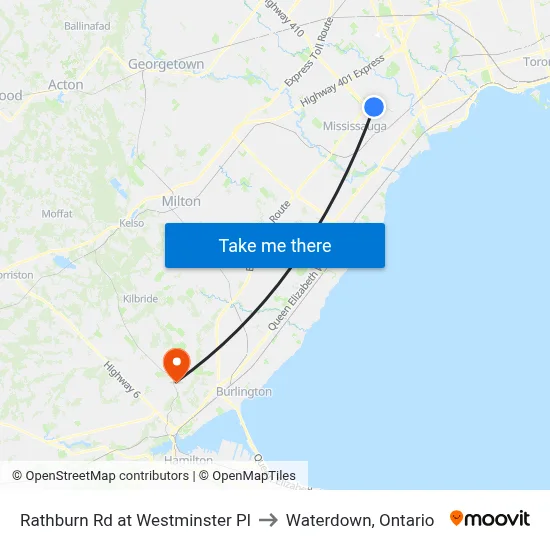 Rathburn Rd at Westminster Pl to Waterdown, Ontario map