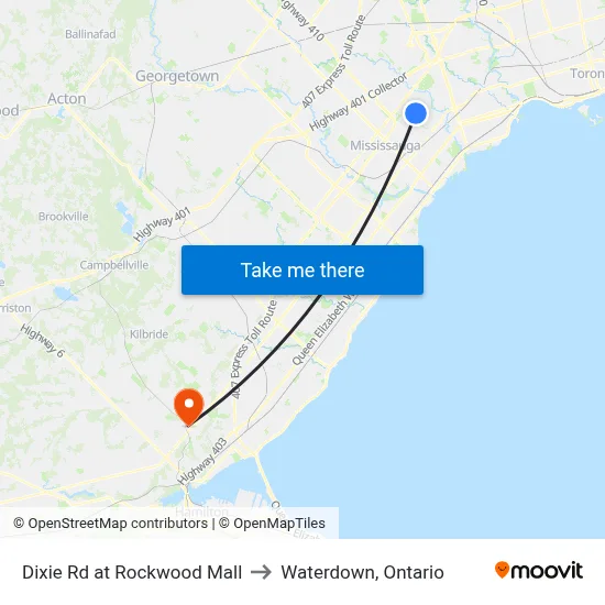 Dixie Rd at Rockwood Mall to Waterdown, Ontario map
