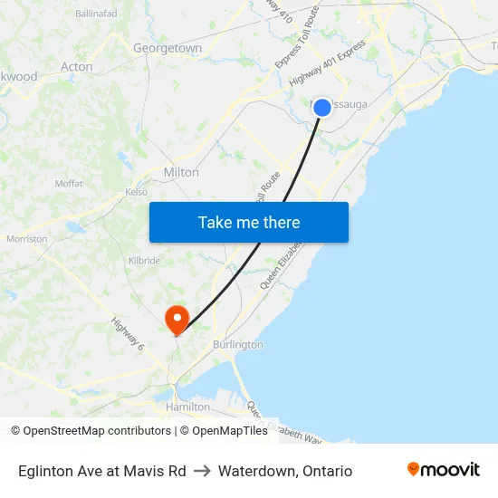 Eglinton Ave at Mavis Rd to Waterdown, Ontario map