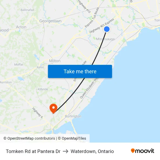 Tomken Rd at Pantera Dr to Waterdown, Ontario map
