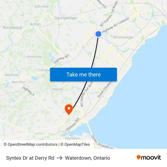 Syntex Dr at Derry Rd to Waterdown, Ontario map