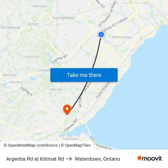 Argentia Rd at Kitimat Rd to Waterdown, Ontario map