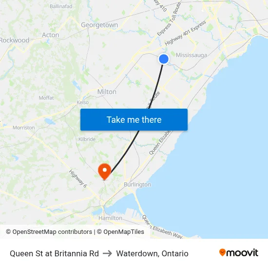 Queen St at Britannia Rd to Waterdown, Ontario map