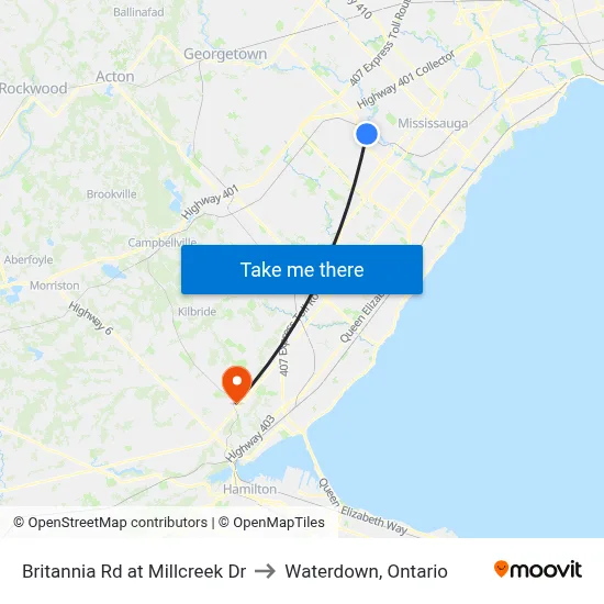 Britannia Rd at Millcreek Dr to Waterdown, Ontario map