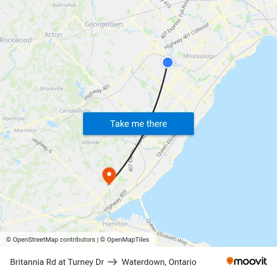 Britannia Rd at Turney Dr to Waterdown, Ontario map